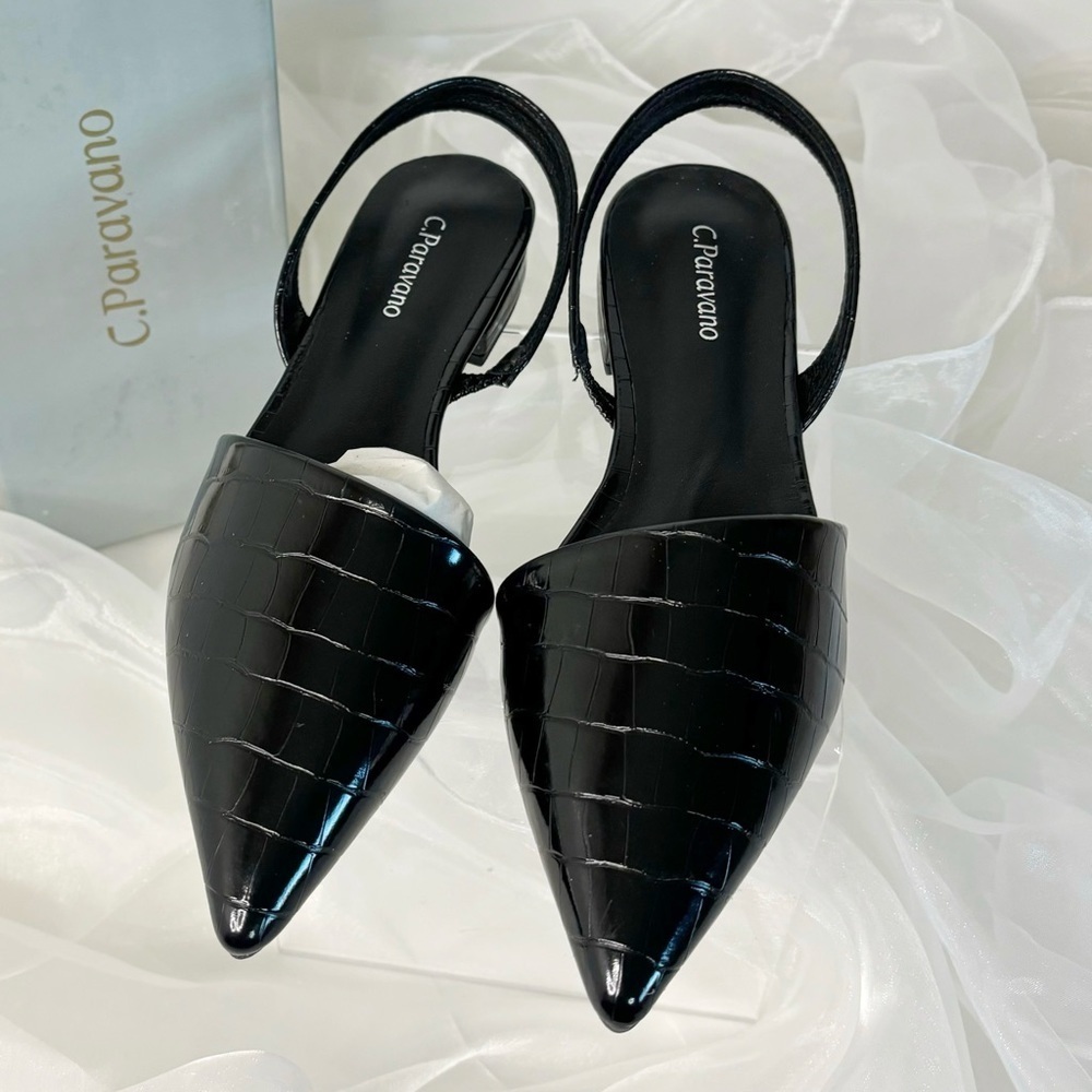 C. Paravano Black Croc-Embossed Pointed Slingback Flats